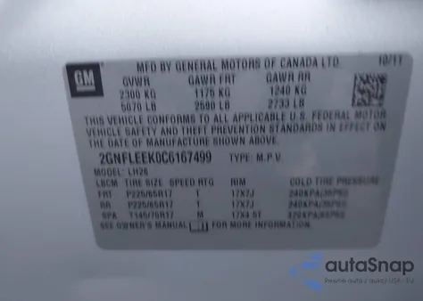 2012 Chevrolet Equinox 1Lt z USA, uszkodzony, nr VIN 2GNFLEEK0C6167499